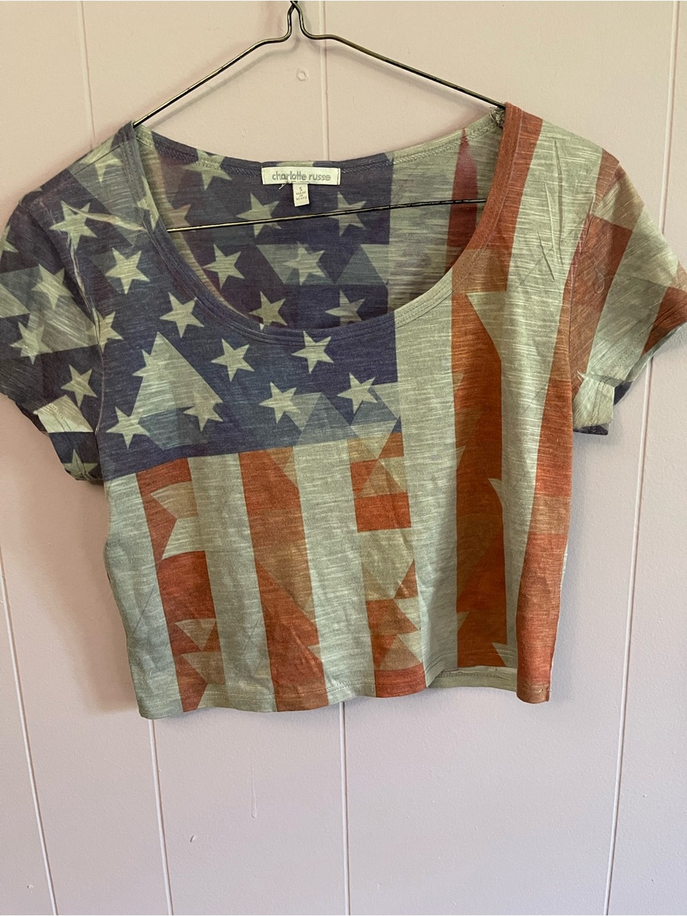 Charlotte Russe Flag-Print Short Sleeve Crop Top - Blue, Red, Cream